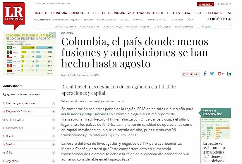Colombia, el pas donde menos fusiones y adquisiciones se han hecho hasta agosto